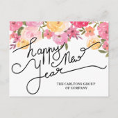 水彩フラワーハッピーニューイヤータイポグラフィ シーズンポストカード (正面)