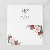 水彩フラワーバーガンディ赤面折り畳み プレイスカード (外部開封)