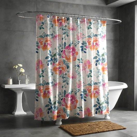 水彩フラワーパターンエレガントフローラ シャワーカーテン