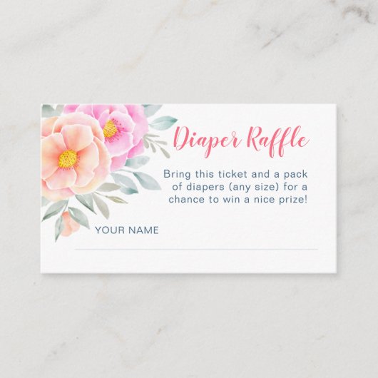 水彩フラワーピンク赤ちゃんシャワーおむつラッフル エンクロージャーカード (正面)