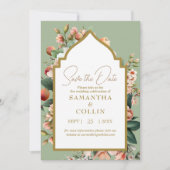 水彩フラワーピーチセージ緑の保存日付 招待状 (正面)