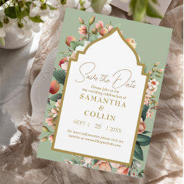 水彩フラワーピーチセージ緑の保存日付 招待状