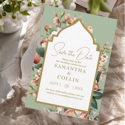 水彩フラワーピーチセージ緑の保存日付 招待状