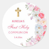 水彩フラワーファースト・コミュニオンラウンドステッカー ラウンドシール (正面)