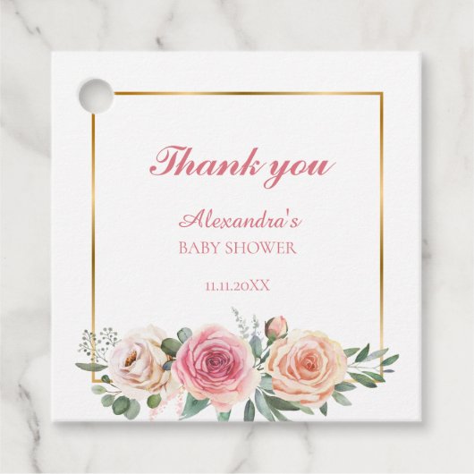 水彩フラワーフレーム付きベビーシャワーありがとう フェイバータグ (正面)