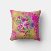 水彩フラワーブーケオンピンク金ゴールドグリッター クッション (正面)