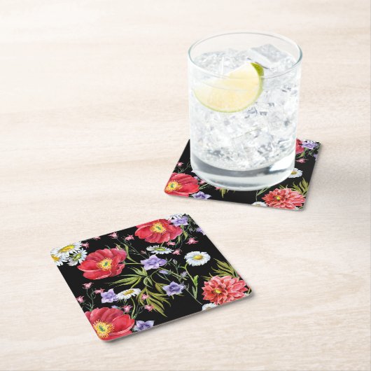 水彩フラワーブーケ:シームレスパターン スクエアペーパーコースター (インサイチュ)