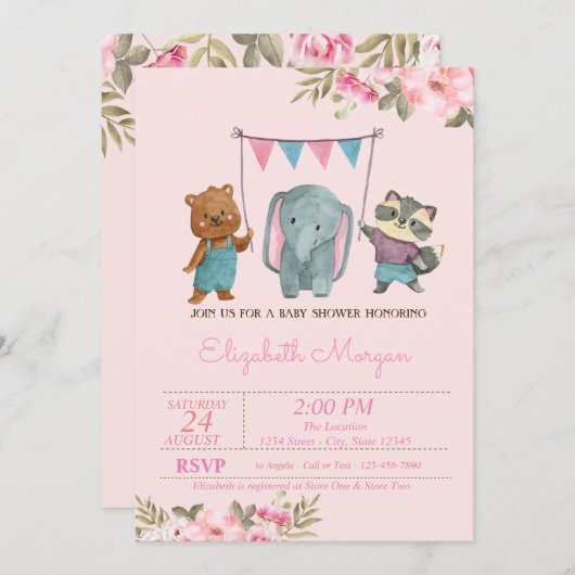 水彩フラワーベビーアニマルベビーシャワー 招待状 (正面/裏面)