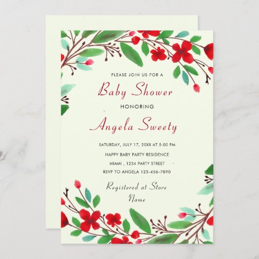 水彩フラワーベビーシャワー招待状 (正面/裏面)