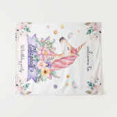 水彩フラワーユニコーンガール誕生日へようこそ タペストリー (正面(横))