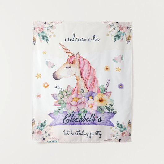 水彩フラワーユニコーンガール誕生日へようこそ タペストリー (正面)