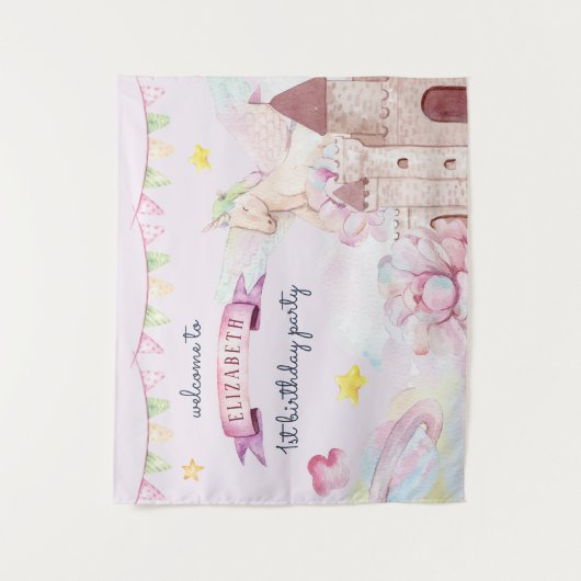 水彩フラワーユニコーンガール誕生日へようこそ タペストリー (正面)