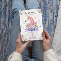 水彩フラワーユニコーンガール誕生日招待状