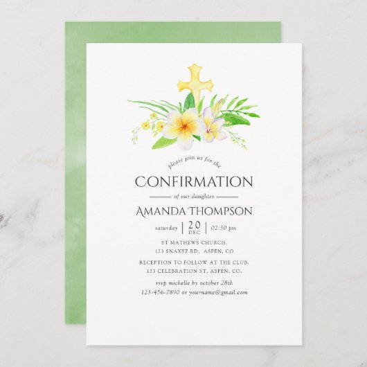 水彩フランジパニ確認 招待状 (正面/裏面)