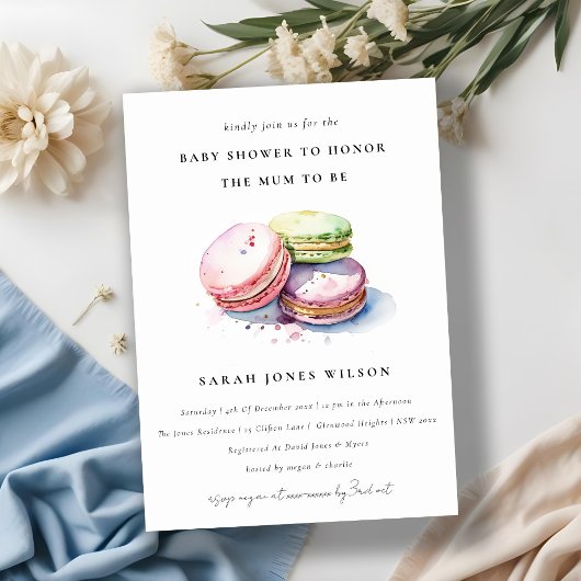 水彩フランスのマカロンベーカリーベビーシャワー 招待状