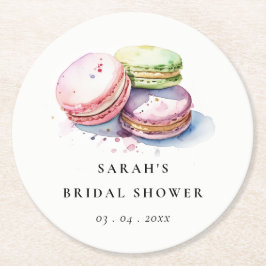 水彩フランス人ココナッツの焼き菓子 ブライダルシャワー ラウンドペーパーコースター