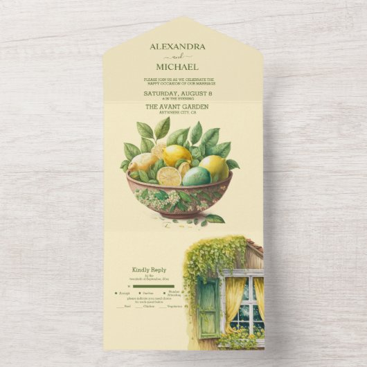 水彩フルーツのレモン デスティネーション ウェディング オールインワン招待状 (内側)