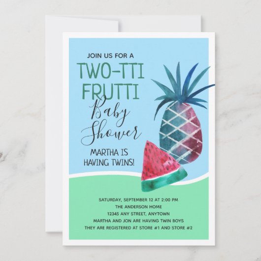 水彩フルーツ2月のフルーティツインズベビーシャワー 招待状 (正面)
