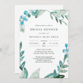 水彩フレッシュブルーグリーン葉ブライダルシャワー 招待状 (正面/裏面)