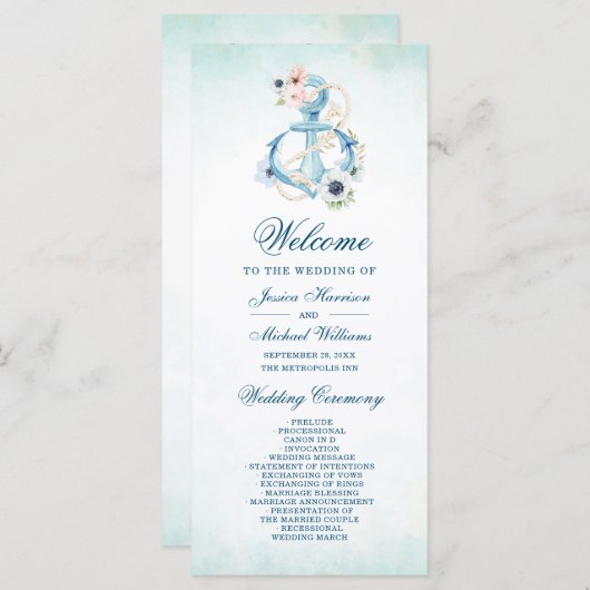 水彩フローラいかりティール（緑がかった色）ビーチ結婚式 プログラム (正面/裏面)