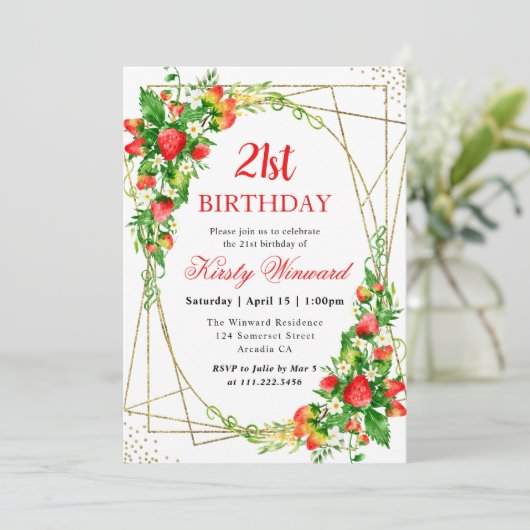 水彩フローラいちごフレーム21st誕生日 招待状 (スタンド正面)