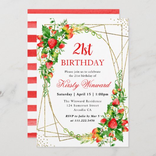 水彩フローラいちごフレーム21st誕生日 招待状 (正面/裏面)