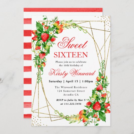 水彩フローラいちご金ゴールドフレーム甘い16 招待状 (正面/裏面)