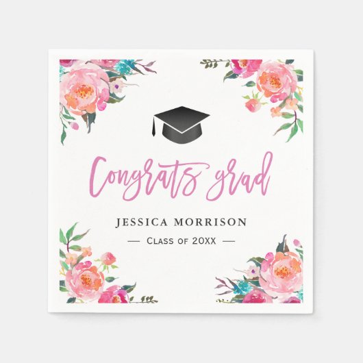 水彩フローラおめでとう大学院卒業パーティー スタンダードカクテルナプキン (正面)