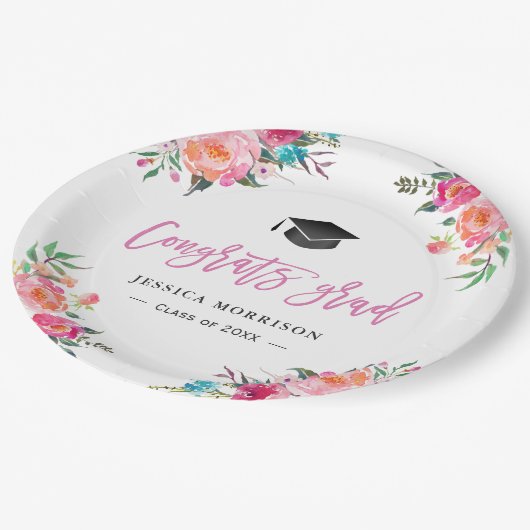 水彩フローラおめでとう大学院卒業パーティー ペーパープレート (アングル)