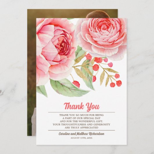 水彩フローラお礼結婚の写真カード サンキューカード (正面/裏面)