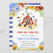水彩フローラかわいいサーカス動物誕生日 招待状 (正面/裏面)