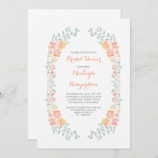 水彩フローラかわいいリースブライダルシャワー 招待状 (正面/裏面)