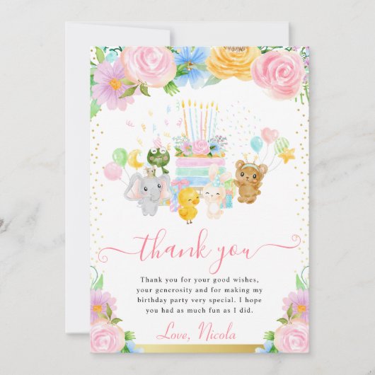 水彩フローラかわいい動物フレンズ誕生日 サンキューカード (正面)