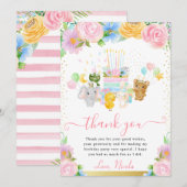 水彩フローラかわいい動物フレンズ誕生日 サンキューカード (正面/裏面)