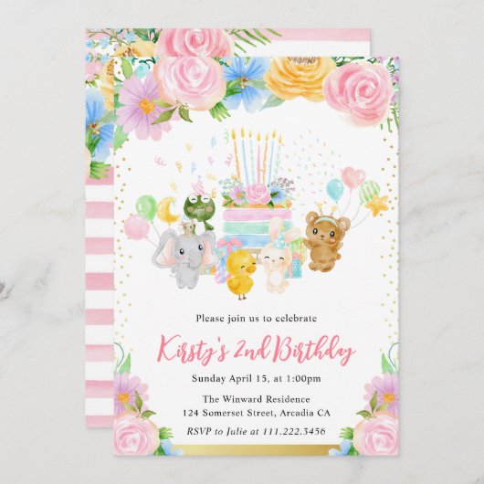 水彩フローラかわいい動物フレンズ誕生日 招待状 (正面/裏面)