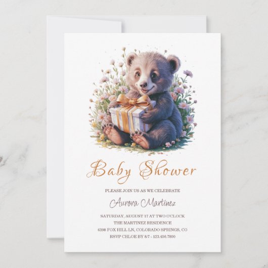 水彩フローラかわいい小さなクマ赤ちゃんシャワー 招待状 (正面)