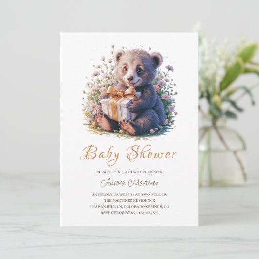水彩フローラかわいい小さなクマ赤ちゃんシャワー 招待状 (スタンド正面)