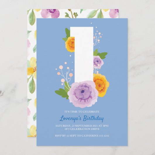 水彩フローラかわいらしキッズ1st誕生日パーティー セーブザデート (正面/裏面)