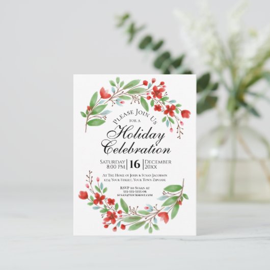 水彩フローラかわいらしクリスマスホリデーパーティー インビテーションポストカード (スタンド正面)