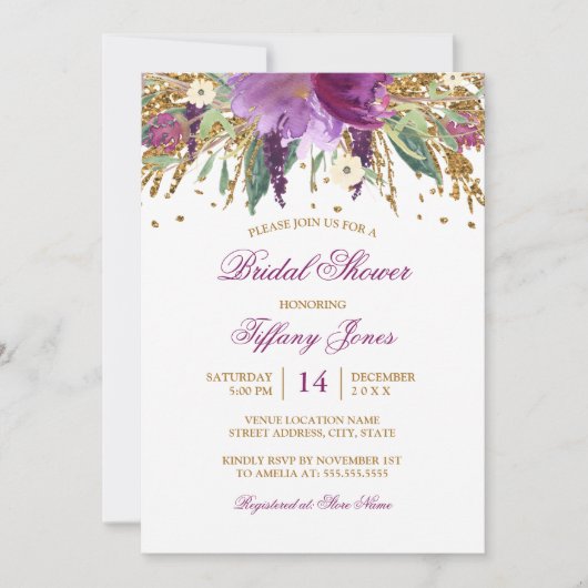 水彩フローラきらめくアメジストブライダルシャワー 招待状 (正面)