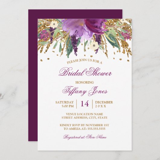 水彩フローラきらめくアメジストブライダルシャワー 招待状 (正面/裏面)