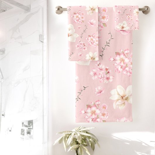 水彩フローラさくらんぼ花フローラピンク バスタオルセット