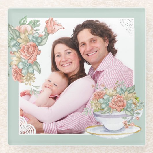 水彩フローラとティーカカスタムップ写真 ガラスコースター (正面)