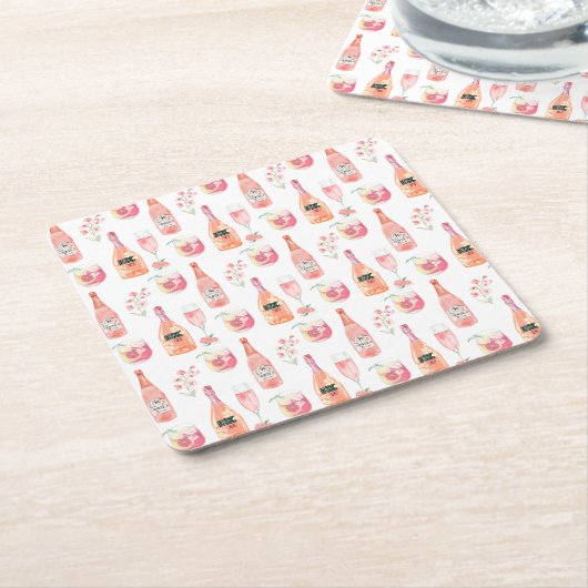 水彩フローラとバラワインデザイン。 スクエアペーパーコースター (アングル)