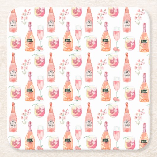 水彩フローラとバラワインデザイン。 スクエアペーパーコースター (正面)