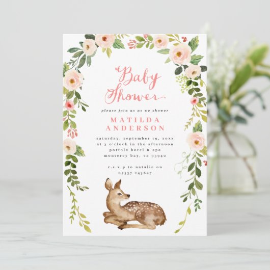 水彩フローラと葉の鹿の赤ちゃんシャワー 案内状 (スタンド正面)
