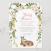 水彩フローラと葉の鹿の赤ちゃんシャワー 案内状 (正面/裏面)
