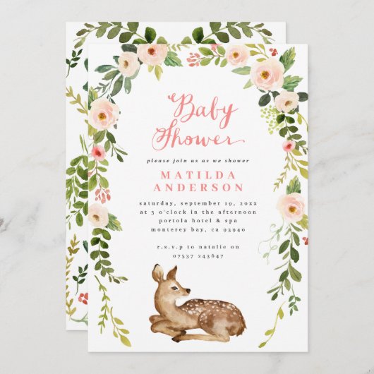 水彩フローラと葉の鹿の赤ちゃんシャワー 案内状 (正面/裏面)