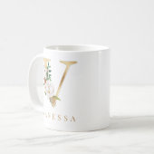 水彩フローラと金ゴールドレターVモノグラム コーヒーマグカップ (正面左)
