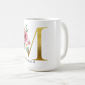 水彩フローラと金ゴールド文字M，名前 コーヒーマグカップ (正面右)